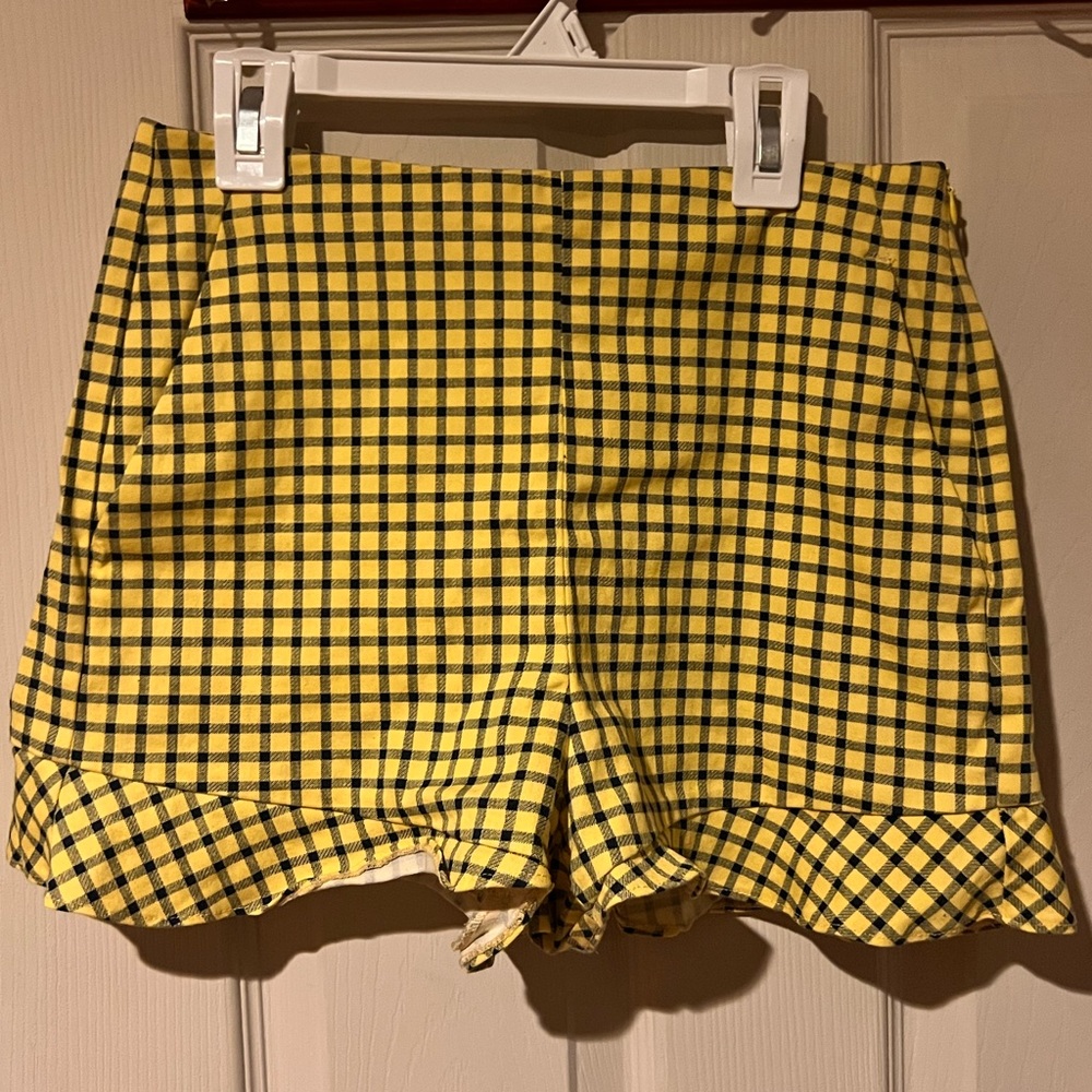 Zara, small, yellow shorts & blue square pattern with pockets